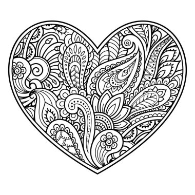 Mehndi kına çizim ve dövme için lotus ile kalp şeklinde çiçek deseni. Etnik oryantal, Hint tarzı dekorasyonda. Boyama kitabı sayfası.
