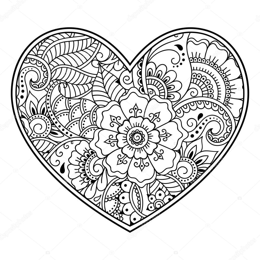 Mehndi flower pattern in form of heart with lotus for Henna drawing and tattoo. Decoration in ethnic oriental, Indian style. Coloring book page.