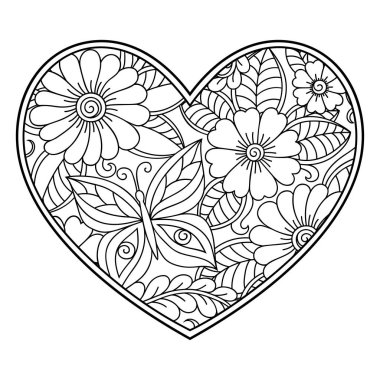 Mehndi kına çizim ve dövme için lotus ile kalp şeklinde çiçek deseni. Etnik oryantal, Hint tarzı dekorasyonda. Boyama kitabı sayfası.