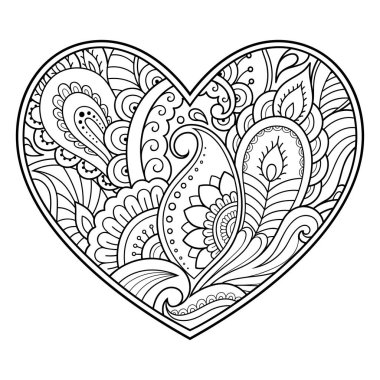Mehndi kına çizim ve dövme için lotus ile kalp şeklinde çiçek deseni. Etnik oryantal, Hint tarzı dekorasyonda. Boyama kitabı sayfası.