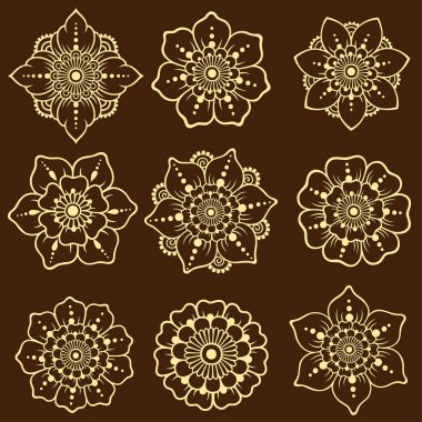 Mehndi çiçek deseni kına çizim ve dövme için kümesi. Etnik oryantal, Hint tarzında.