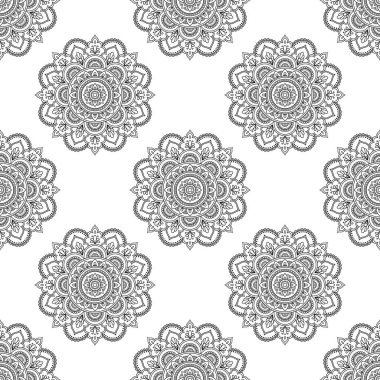 Kına Mehndi, dövme, dekorasyon için mandala şeklinde dairesel desende. Sorunsuz Dekoratif süsleme etnik oryantal tarzı. Boyama kitabı sayfası.