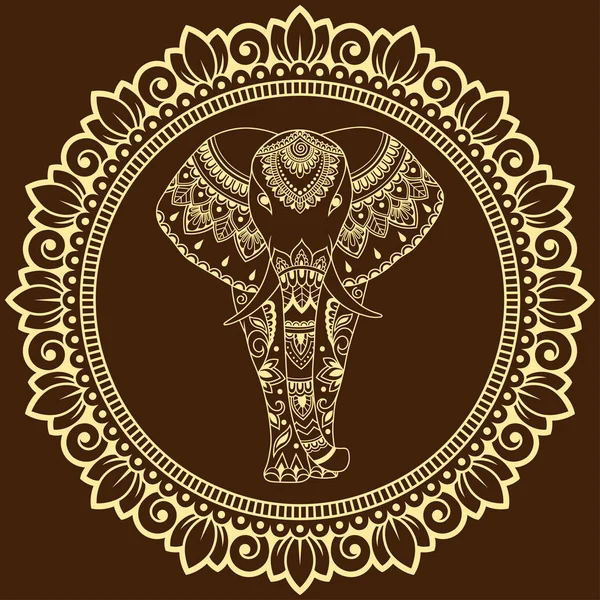 マンダラのアフリカ象はインド エスニック花柄ヴィンテージの装飾されています 手落書きスタイルで描かれた装飾的な動物 様式化された一時的な刺青タトゥー カバーおよびページを着色用飾り — ストックベクタ