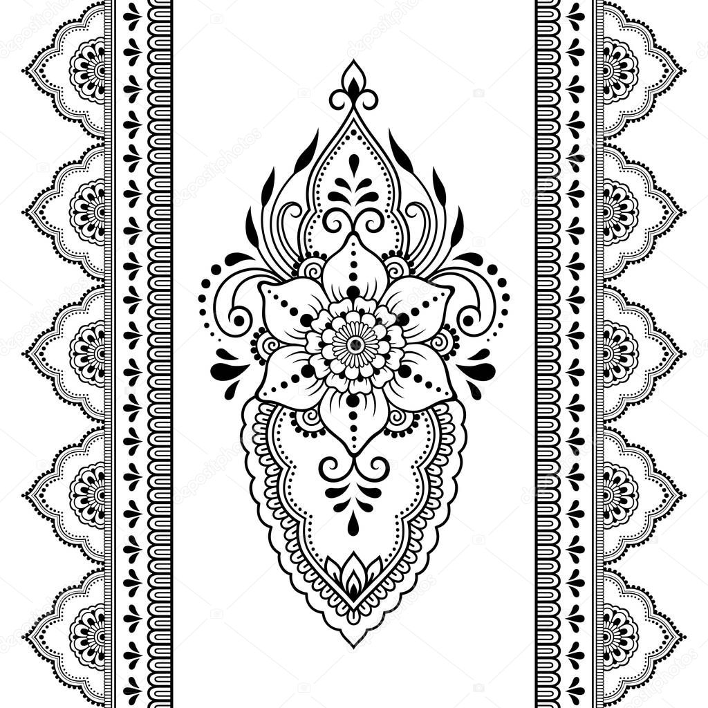 Set of Mehndi flower pattern and seamless border for Henna drawing and tattoo. Decoration in oriental, Indian style.