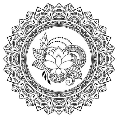 Mandala kına Mehndi, dövme, dekorasyon için Lotus çiçeği ile şeklinde dairesel desende. Dekoratif süsleme etnik oryantal tarzı. Boyama kitabı sayfası.