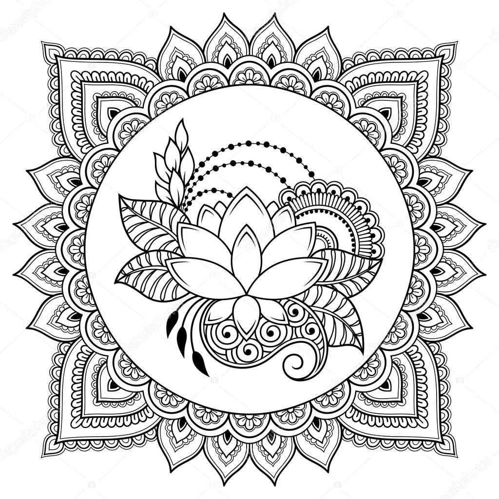 Circular pattern in form of mandala with lotus flower for Henna, Mehndi, tattoo, decoration. Decorative ornament in ethnic oriental style. Coloring book page.