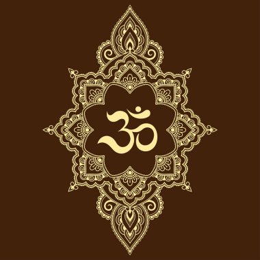 Kına Mehndi, dövme, dekorasyon için mandala şeklinde dairesel desende. Antik Hindu mantra Om ile oryantal tarzda Dekoratif süsleme.