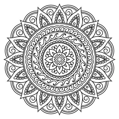 Mandala kına Mehndi, dövme, dekorasyon için çiçek şeklinde dairesel desende. Dekoratif süsleme etnik oryantal tarzı. Boyama kitabı sayfası.