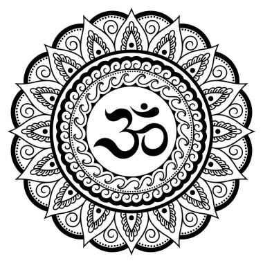 Kına Mehndi, dövme, dekorasyon için mandala şeklinde dairesel desende. Antik Hindu mantra Om ile oryantal tarzda Dekoratif süsleme.