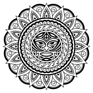 Dairesel mandala gök gürültüsü gibi Tiki ile şeklinde sembolü-maske Tanrı'nın kalıptır. Maori halkı - Moko tarzı geleneksel süsler. Afrika tema öğelerinden Vintage dekoratif kabile kenarlık.