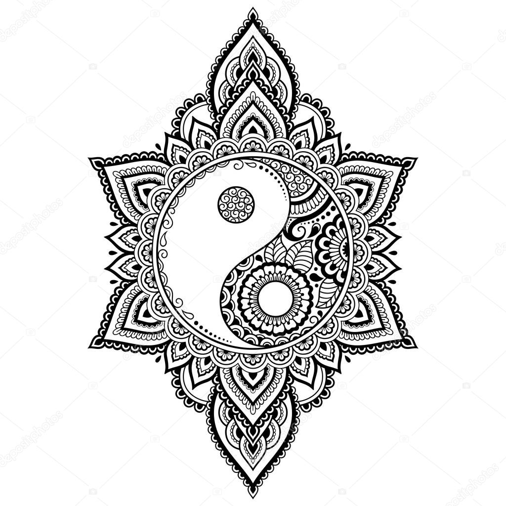 Circular pattern in form of mandala for Henna, Mehndi, tattoo, decoration. Decorative ornament in oriental style with Yin-yang hand drawn symbol. Coloring book page.