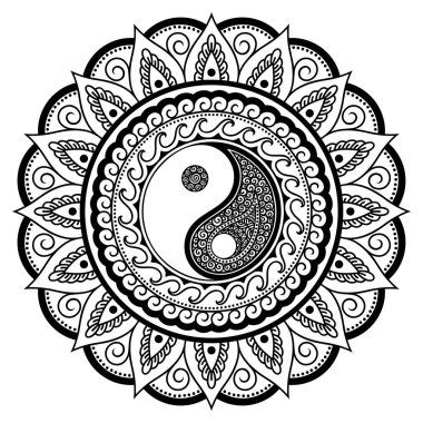 Kına Mehndi, dövme, dekorasyon için mandala şeklinde dairesel desende. Yin-yang el ile oryantal tarzda Dekoratif süsleme sembolü çizilmiş. Boyama kitabı sayfası.