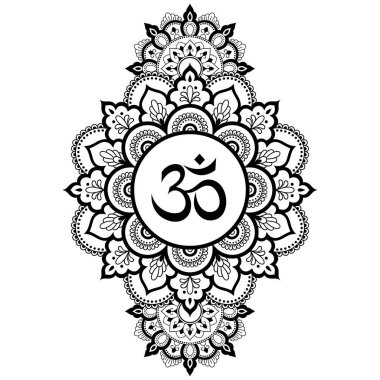 Kına Mehndi, dövme, dekorasyon için mandala şeklinde dairesel desende. Antik Hindu mantra Om ile oryantal tarzda Dekoratif süsleme.