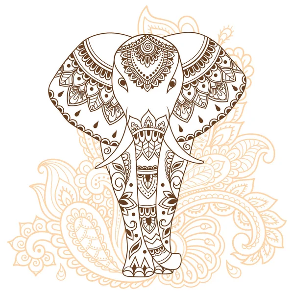 African Elephant Decorated Indian Ethnic Floral Vintage Pattern Hand Drawn — Stock Vector