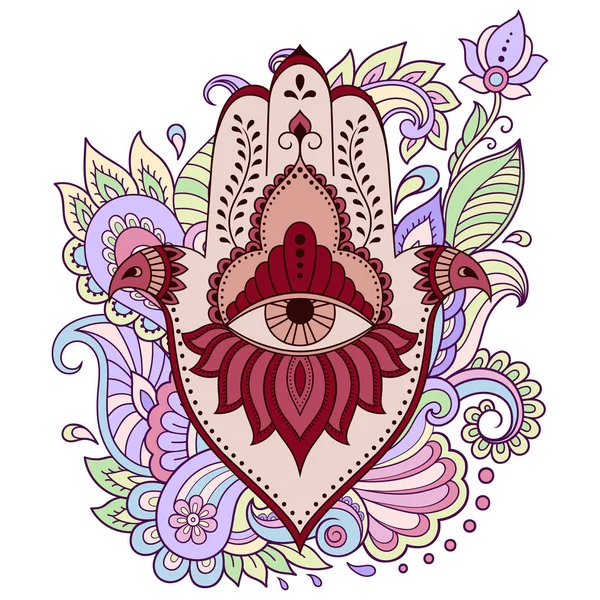 Color Hamsa Símbolo Dibujado Mano Ornamento Flores Patrón Decorativo Estilo — Vector de stock