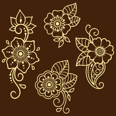 Mehndi çiçek deseni kına çizim ve dövme için kümesi. Etnik oryantal, Hint tarzında.