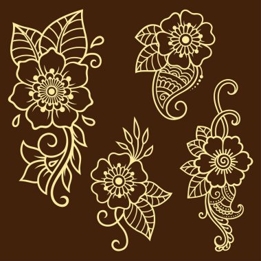 Mehndi çiçek deseni kına çizim ve dövme için kümesi. Etnik oryantal, Hint tarzında.