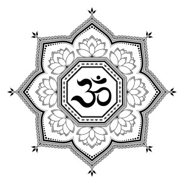 Kına Mehndi, dövme, dekorasyon için mandala şeklinde dairesel desende. Antik Hindu mantra Om ile oryantal tarzda Dekoratif süsleme.