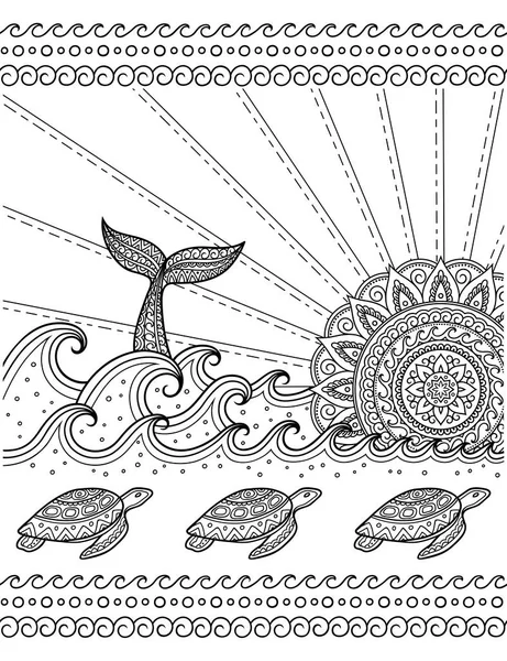 Whale Diving Sea Sunset Seamless Wave Pattern Floating Turtles Coloring — Stock Vector