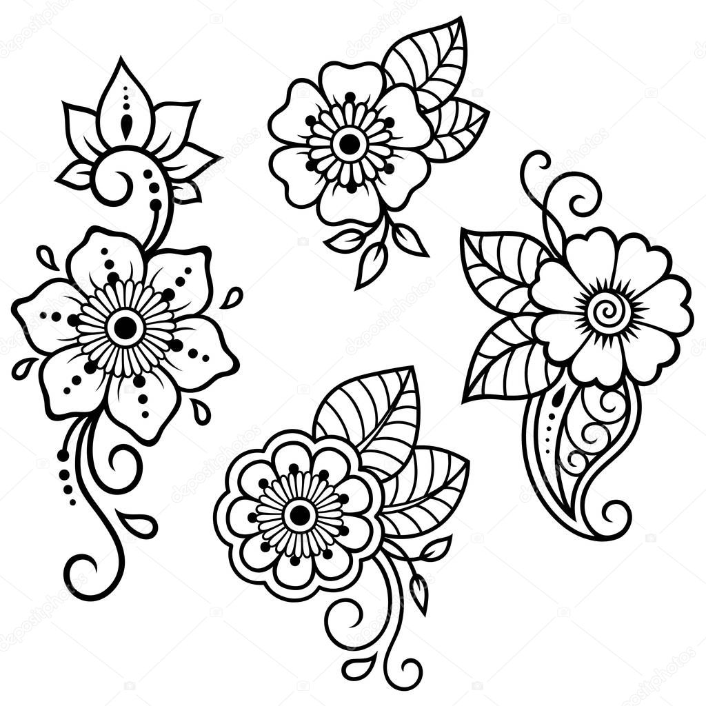 Set of Mehndi flower pattern for Henna drawing and tattoo. Decoration in ethnic oriental, Indian style.