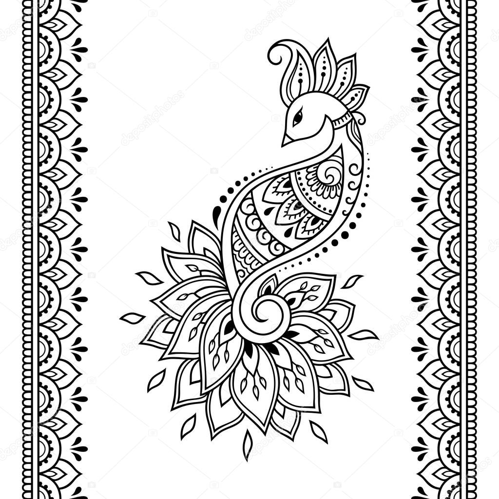 Set of Mehndi flower, peacock pattern and seamless border for Henna drawing and tattoo. Decoration in oriental, Indian style.