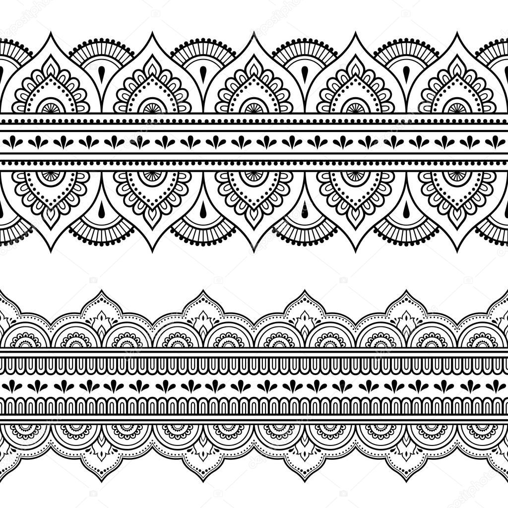 Set of seamless borders for design, application of henna, Mehndi and tattoo. Decorative pattern in ethnic oriental style.