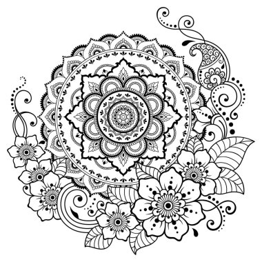 Mandala kına Mehndi, dövme, dekorasyon için çiçek şeklinde dairesel desende. Dekoratif süsleme etnik oryantal tarzı. Boyama kitabı sayfası.