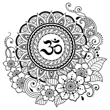 Mandala antik Hindu mantra Om ve kına Mehndi, dövme, dekorasyon için çiçek şeklinde dairesel desende. Oryantal tarzda Dekoratif süsleme.