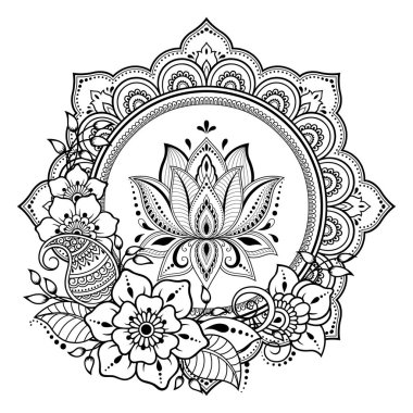 Mandala kına Mehndi, dövme, dekorasyon için Lotus çiçeği ile şeklinde dairesel desende. Dekoratif süsleme etnik oryantal tarzı. Boyama kitabı sayfası.