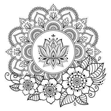 Mandala kına Mehndi, dövme, dekorasyon için Lotus çiçeği ile şeklinde dairesel desende. Dekoratif süsleme etnik oryantal tarzı. Boyama kitabı sayfası.