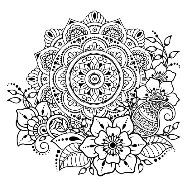 Mandala kına Mehndi, dövme, dekorasyon için çiçek şeklinde dairesel desende. Dekoratif süsleme etnik oryantal tarzı. Boyama kitabı sayfası.