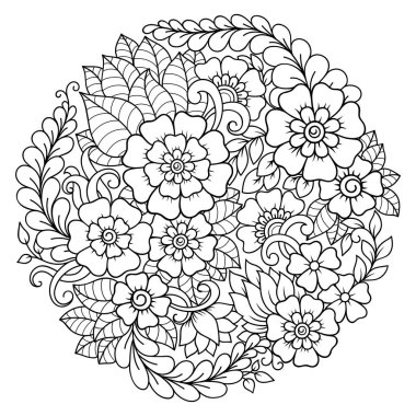 Kitap sayfa boyama için yuvarlak çiçek desenli anahat. Yetişkinler ve çocuklar için boyama antistress. Doodle desen siyah ve beyaz. El çizmek vektör çizim.