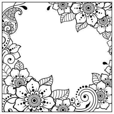 Kınalı dövmeler, defter, tabut, dergi, kartpostal ve klasör için dekoratif desenler. Mehndi tarzında çiçek. Doğu geleneğinde çerçeve.