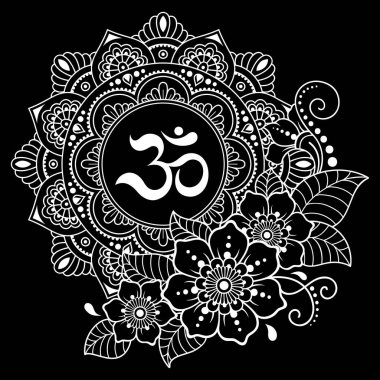 Mandala antik Hindu mantra Om ve kına Mehndi, dövme, dekorasyon için çiçek şeklinde dairesel desende. Oryantal tarzda Dekoratif süsleme.