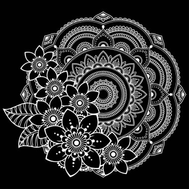 Mandala kına Mehndi, dövme, dekorasyon için çiçek şeklinde dairesel desende. Dekoratif süsleme etnik oryantal tarzı. Boyama kitabı sayfası.