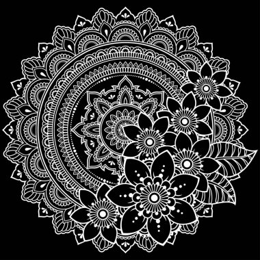 Mandala kına Mehndi, dövme, dekorasyon için çiçek şeklinde dairesel desende. Dekoratif süsleme etnik oryantal tarzı. Boyama kitabı sayfası.