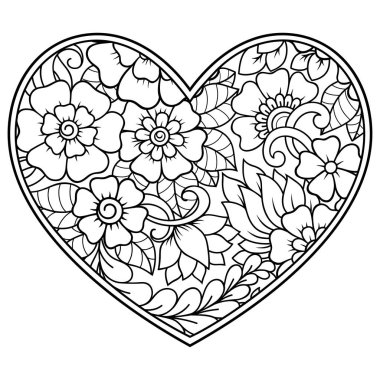 Mehndi kına çizim ve dövme için kalp şeklinde çiçek deseni. Etnik oryantal, Hint tarzı dekorasyonda. Boyama kitabı sayfası.
