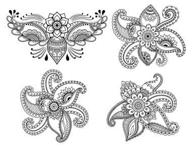 Mehndi çiçek deseni kına çizim ve dövme için kümesi. Etnik oryantal, Hint tarzında.