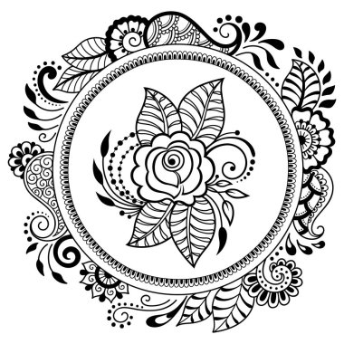 Mandala kına Mehndi, dövme, dekorasyon için çiçek şeklinde dairesel desende. Dekoratif süsleme etnik oryantal tarzı. Boyama kitabı sayfası.