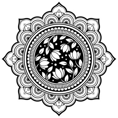 Mandala kına Mehndi, dövme, dekorasyon için çiçek şeklinde dairesel desende. Dekoratif süsleme etnik oryantal tarzı. Boyama kitabı sayfası.