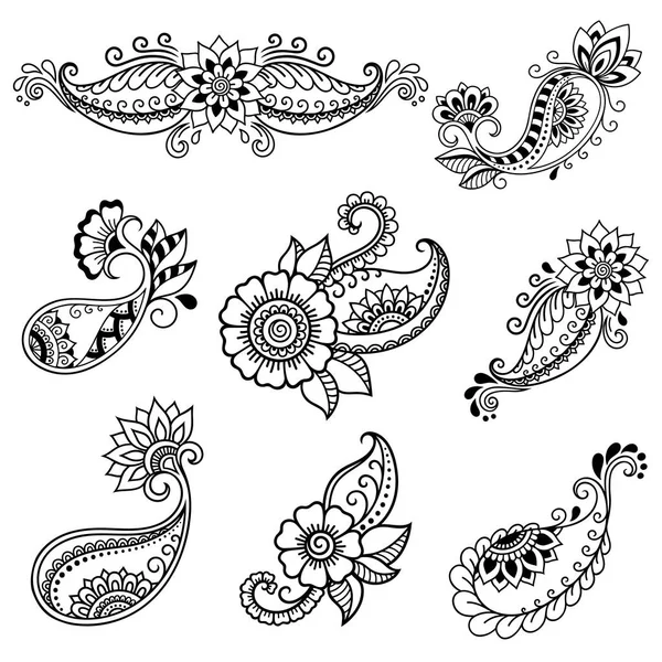 Σύνολο Mehndi Λουλούδι Μοτίβο Για Henna Σχεδίασης Και Τατουάζ Διακόσμηση — Διανυσματικό Αρχείο