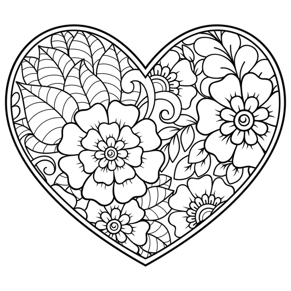 Modello Fiore Mehndi Forma Cuore Disegno Tatuaggio Henna Decorazione Stile — Vettoriale Stock