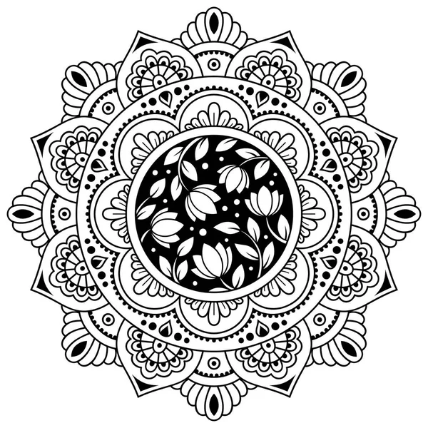 ヘンナ一時的な刺青 タトゥー 装飾のために花をマンダラの形で円形パターン エスニック オリエンタル スタイルで装飾的な飾り 本ページを着色 — ストックベクタ