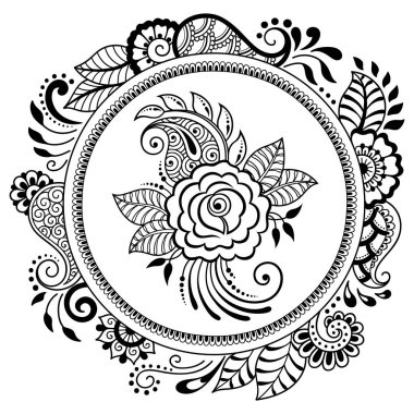 Mandala kına Mehndi, dövme, dekorasyon için çiçek şeklinde dairesel desende. Dekoratif süsleme etnik oryantal tarzı. Boyama kitabı sayfası.