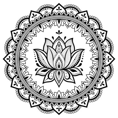 Mandala kına Mehndi, dövme, dekorasyon için Lotus çiçeği ile şeklinde dairesel desende. Dekoratif süsleme etnik oryantal tarzı. Boyama kitabı sayfası.
