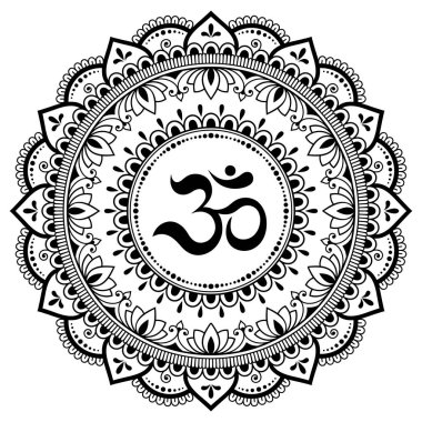 Kına Mehndi, dövme, dekorasyon için mandala şeklinde dairesel desende. Antik Hindu mantra OM ile oryantal tarzda Dekoratif süsleme Boyama kitabı sayfası.