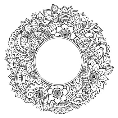 Mandala kına Mehndi, dövme, dekorasyon için çiçek şeklinde dairesel desende. Dekoratif süsleme etnik oryantal tarzı. Boyama kitabı sayfası.