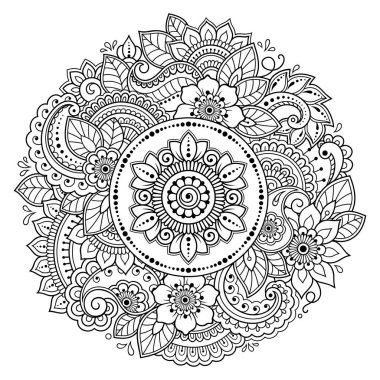 Mandala kına Mehndi, dövme, dekorasyon için çiçek şeklinde dairesel desende. Dekoratif süsleme etnik oryantal tarzı. Boyama kitabı sayfası.