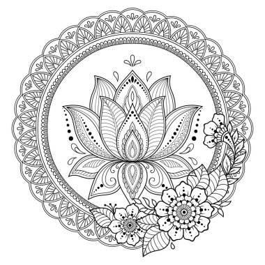 Mandala kına Mehndi, dövme, dekorasyon için Lotus çiçeği ile şeklinde dairesel desende. Dekoratif süsleme etnik oryantal tarzı. Boyama kitabı sayfası.