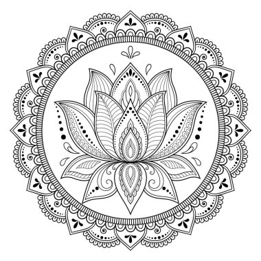 Mandala kına Mehndi, dövme, dekorasyon için Lotus çiçeği ile şeklinde dairesel desende. Dekoratif süsleme etnik oryantal tarzı. Boyama kitabı sayfası.